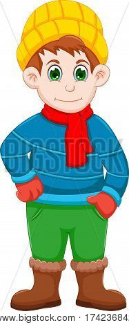 cute boy cartoon posing with winter clothes