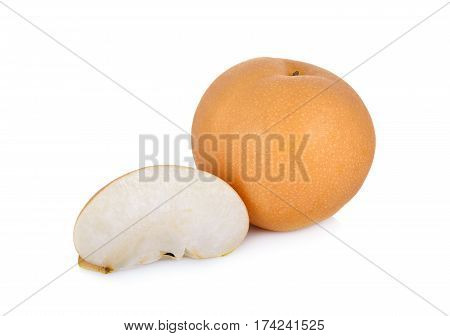 whole and cut snow pear or Fengsui pear on white background