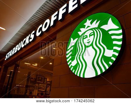 Penang, Malaysia - January 28, 2017: Starbucks store. Starbucks is the largest coffeehouse company in the world.