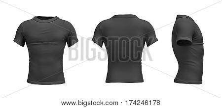 3d rendering of a black T-shirt in realistic slim shape in side, front and back view on white background. Closes and apparel. Sales and promotions. Fashion market.