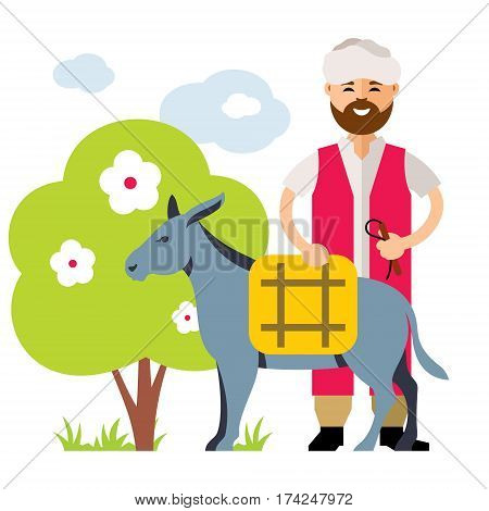 The man near a mule. Isolated on a white background