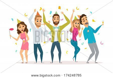 Birthday party. People celebrate. Friends in hat dancing and laughing together. Group of happy men and women have fun and drink cocktails. Cartoon vector characters isolated on white