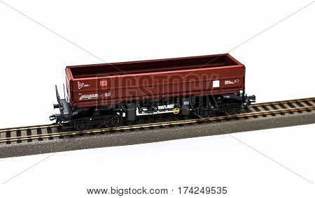 Estonia, Tallinn, February 24. 2017. Freight train model railroad on white background