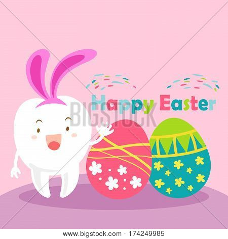 cute white cartoon tooth with happy easter