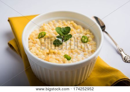 Dahi Bundi or Boondi Raita, favourite indian started or side dish made using Rajasthani snack food made from sweetened, fried chickpea flour, called Boondi with sweet and salty curd or buttermilk