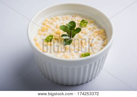 Dahi Bundi or Boondi Raita, favourite indian started or side dish made using Rajasthani snack food made from sweetened, fried chickpea flour, called Boondi with sweet and salty curd or buttermilk