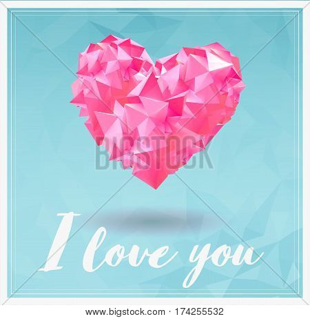 Abstract geometric pink heart symbol shape combination on light blue crumpled texture background for valentine greeting