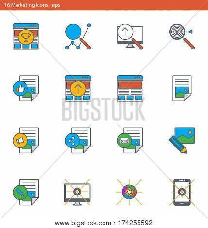 Set of vector eps icons showing marketing, advertising and internet promotion in outline style
