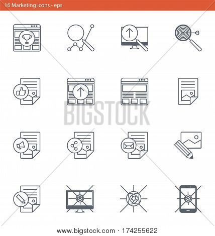 Set of vector eps icons showing marketing, advertising and internet promotion in outline style