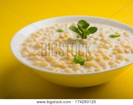 Dahi Bundi or Boondi Raita, favourite indian started or side dish made using Rajasthani snack food made from sweetened, fried chickpea flour, called Boondi with sweet and salty curd or buttermilk
