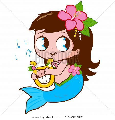 Vector Illustration of a cute mermaid playing music with her lyre.