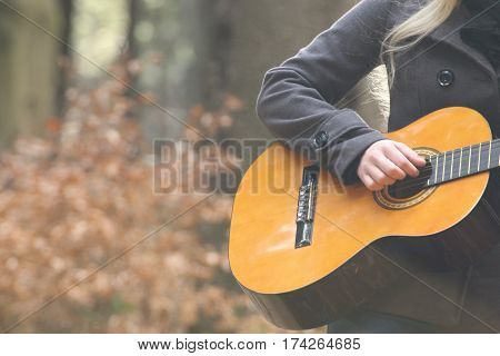 Photo guitar in nature. Music instrument in forest.