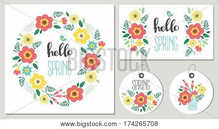 Hello spring floral card set. Flower wreth. Vector illustration