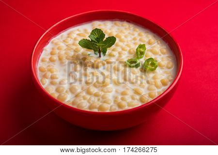 Dahi Bundi or Boondi Raita, favourite indian started or side dish made using Rajasthani snack food made from sweetened, fried chickpea flour, called Boondi with sweet and salty curd or buttermilk