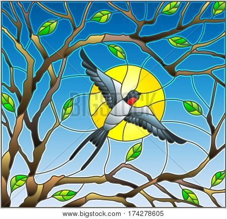 Illustration in stained glass style on the theme of spring the swallow flying on the background of Sunny sky through the lumen of the branches of a tree