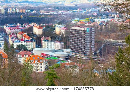 Karlovy Vary, Czech Republic - February 24, 2017: Karlovy Vary, aerial panoramic famous spa town view with hotel Thermal, Czekh Republic