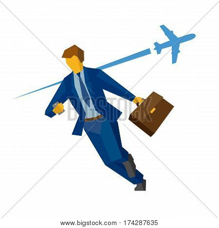 Businessman with smartphone and case rushing. With flying airplane on the background. Business concept - hurry lateness lost time. Flat vector clip art.
