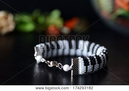 Handmade Beaded Bracelet Like Piano Keyboard On A Dark Background