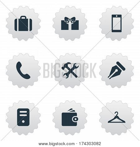 Set Of 9 Simple Accessories Icons. Can Be Found Such Elements As Hanger, Call Button, System Unit And Other.