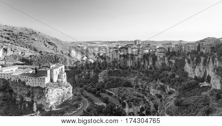 Cuenca (Castilla-La Mancha Spain) the famous casas colgadas Unesco World Heritage SIte. Black and white