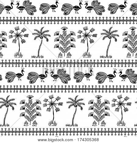 Warli Art painting seamless pattern - hand drawn traditional the ancient tribal art India. Pictorial language is matched by a rudimentary technique depicting rural life of the inhabitants of India