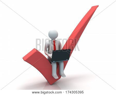 3d rendering of man with laptop sitting on the right mark