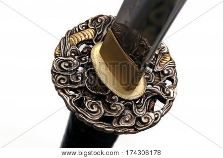 Tsuba : Hand Guard Of Japanese Sword With White Background