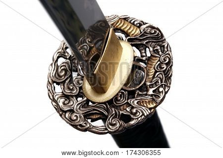 Tsuba : Hand Guard Of Japanese Sword With White Background