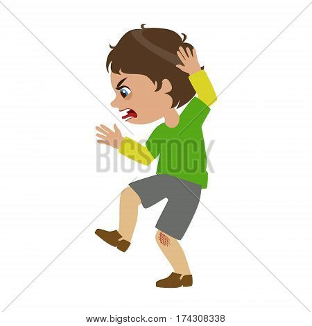 Boy Shouting And Swearing, Part Of Bad Kids Behavior And Bullies Series Of Vector Illustrations With Characters Being Rude And Offensive. Schoolboy With Aggressive Behavior Acting Out And Offending Other Children..