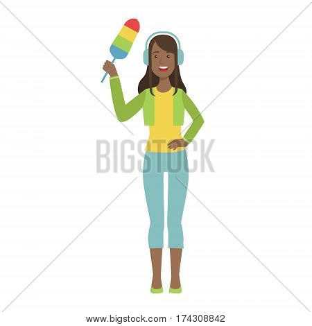 Girl In Headphones With Dust Brush, Cartoon Adult Characters Cleaning And Tiding Up. Smiling Person With House Cleanup Tool Doing Up Vector Illustration.