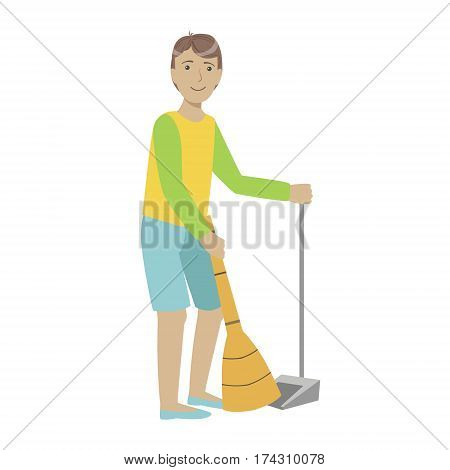 Guy With Broom And Duster Sweeping The Floor, Cartoon Adult Characters Cleaning And Tiding Up. Smiling Person With House Cleanup Tool Doing Up Vector Illustration.