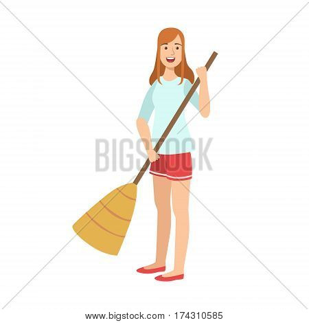 Woman Sweeping The Floor With Broom, Cartoon Adult Characters Cleaning And Tiding Up. Smiling Person With House Cleanup Tool Doing Up Vector Illustration.
