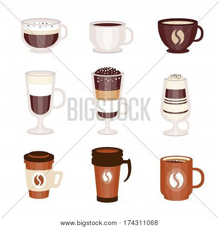 Coffee Hot And Cold Cocktails Menu Assortment Of Coffee Shop Cafe, Set Of Isolated Icons. Different Coffee Based Drinks In Cups And Glasses Cartoon Vector Objects.