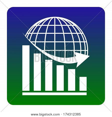 Declining graph with earth. Vector. White icon at green-blue gradient square with rounded corners on white background. Isolated.