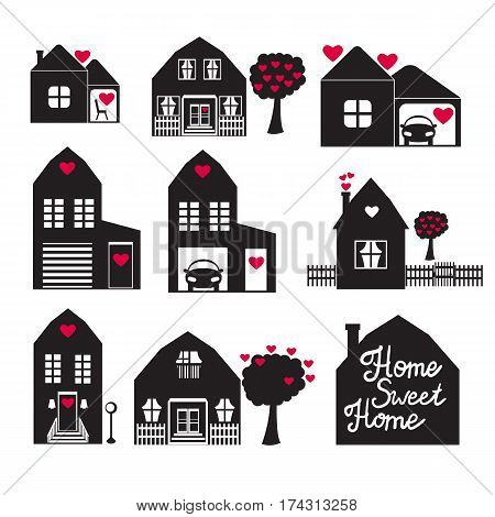 Set Vector illustration. Home Sweet Home. Building of private houses on the street. Black silhouette isolated white background.