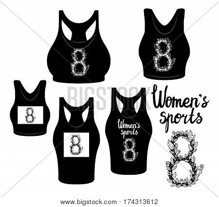 Vector illustration. T-shirt top and sport bra. Lettering inspirational Women's sports. Sports clothing female. Black silhouette isolated white background.