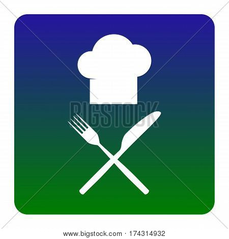 Chef with knife and fork sign. Vector. White icon at green-blue gradient square with rounded corners on white background. Isolated.