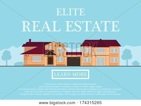 Vector illustration of cute house for rent or sale in flat building style. background with blue pastel colors. country views with trees and shrubs. Banner for a website selling luxury real estate. vector illustration.