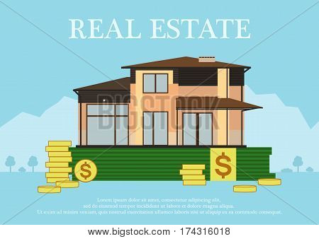 Cute cartoon house for sale or rent in flat building style staing in money with sign real estate.background in blue pastel colors. country views with trees and shrubs. real estate purchase. vector illustration