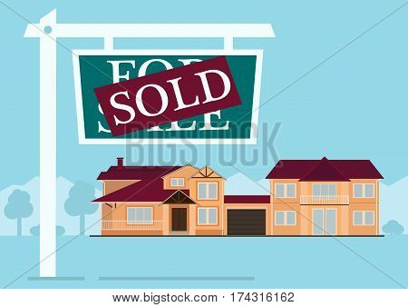 Sold sign in front of cute house in flat building style. background with blue pastel colors. country views with trees and shrubs. real estate purchase. vector illustration