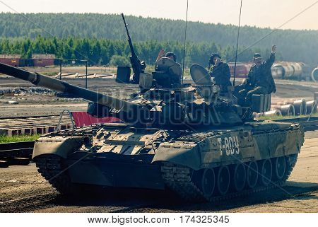 Nizhniy Tagil Russia - July 12. 2008: Convoy of T80U tank moves on shooting demonstration range. RAE-2008 exhibition