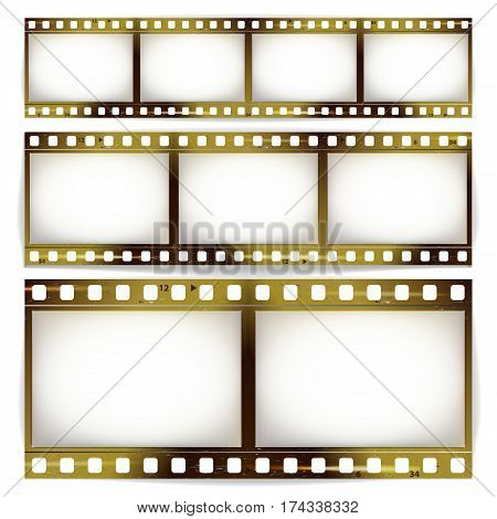 Film Strip Vector Set. Cinema Of Photo Frame Strip Blank Scratched Isolated On White