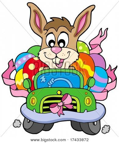 Coelhinho da Páscoa dirigindo carro - ilustração vetorial.