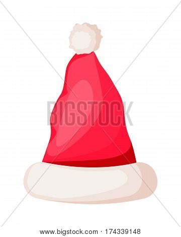 Santa Claus hat with pompom on top isolated. Winter fur woolen cap with white rim. Father Christmas unisex hat. Flat icon winter snowboard accessory in cartoon style vector illustration