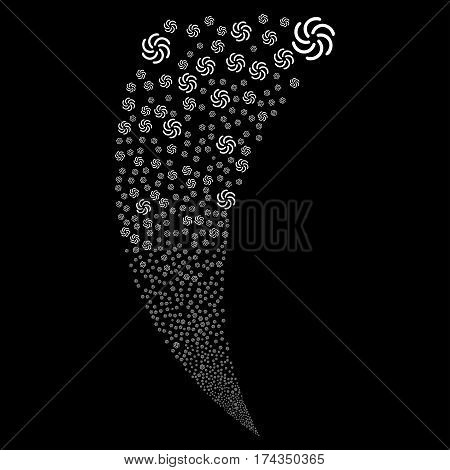 Galaxy random fireworks stream. Vector illustration style is flat white iconic symbols on a black background. Object fountain organized from scattered design elements.