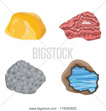 Collectionof semi precious gemstones vector stones and mineral colorful shiny jewelry material agate geology crystal isolated on white background. Semiprecious granite chalcedony beauty amethyst.