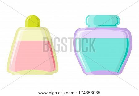 Perfume glamour fashionable beautiful cosmetic bottle and france shiny female packaging tube product female fragrance vector illustration. Perfumery femininity merchandise gift transparent symbol.