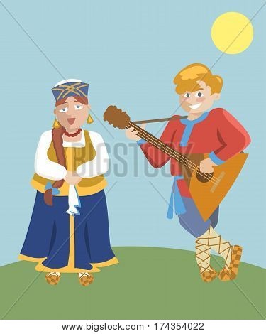 cartoon russian folk music duet with balalaika - funny vector illustration