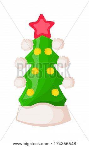 Santa Claus hat in form of green Christmas tree with star isolated on white. Winter fur woolen cap in style of fir tree. Flat icon winter headwear warm accessory in cartoon vector illustration
