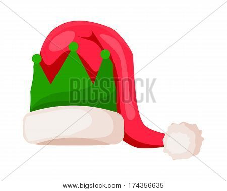 Santa Claus hat with green crown isolated on white. Winter fur woolen cap. Father Christmas hat warm headwear. Flat icon winter unisex festival accessory in cartoon style vector illustration